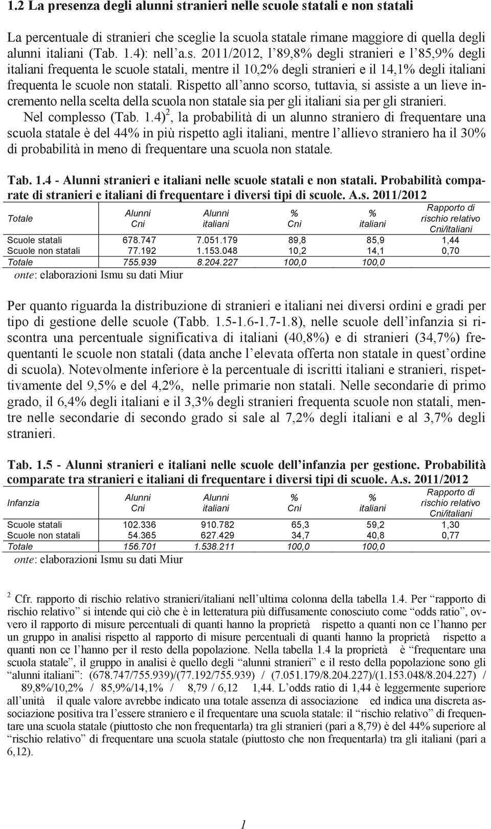 Rispetto all anno scorso, tuttavia, si assiste a un lieve incremento nella scelta della scuola non statale sia per gli italiani sia per gli stranieri. Nel complesso (Tab. 1.