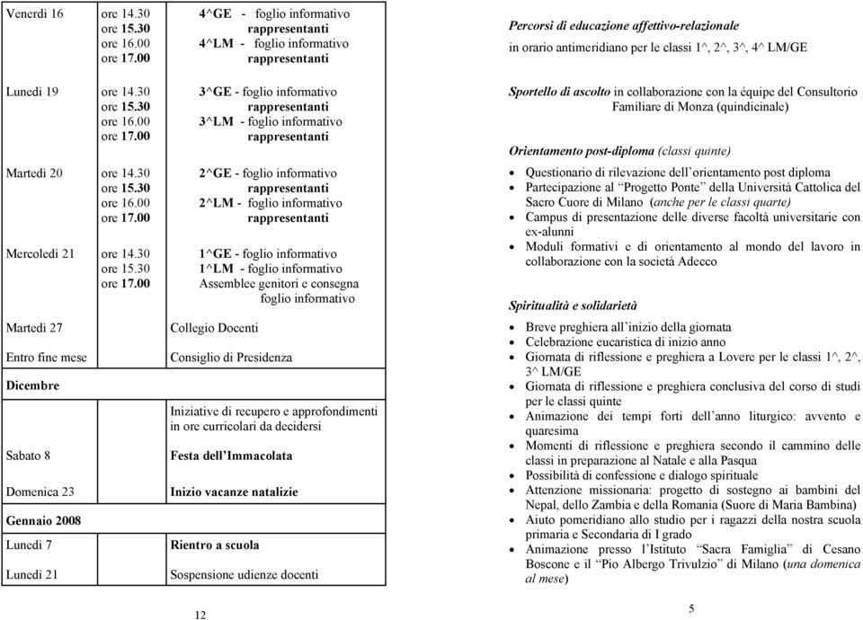 informativo Assemblee genitori e consegna foglio informativo Collegio Docenti Consiglio di Presidenza Iniziative di recupero e approfondimenti in ore curricolari da decidersi Festa dell Immacolata