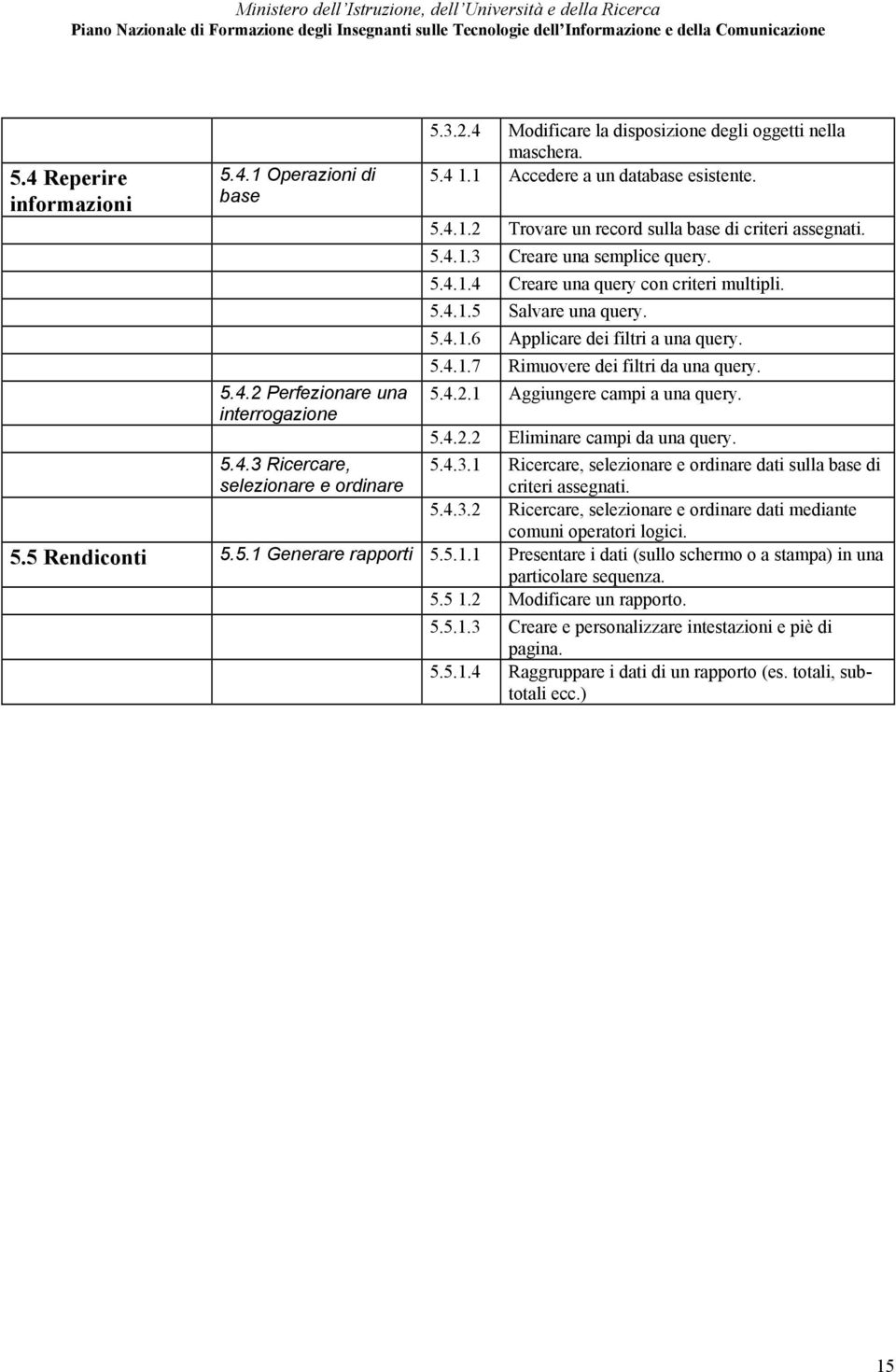 5.4.1.6 Applicare dei filtri a una query. 5.4.1.7 Rimuovere dei filtri da una query. 5.4.2.1 Aggiungere campi a una query. 5.4.2.2 Eliminare campi da una query. 5.4.3.