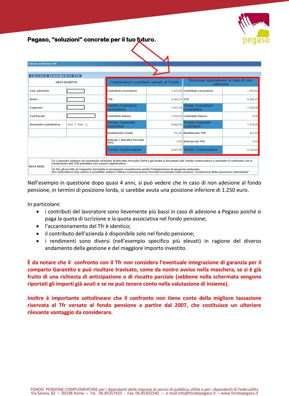 del Tfr è identico; il contributo dell azienda è disponibile solo nel fondo pensione; i rendimenti sono diversi (nell esempio specifico più elevati) in ragione del diverso andamento della gestione e