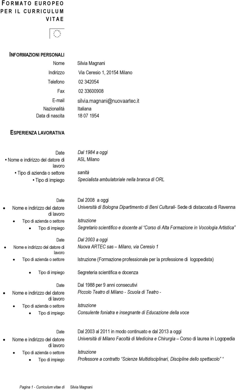 it Nazionalità Italiana Data di nascita 18 07 1954 ESPERIENZA LAVORATIVA Date Nome e indirizzo del datore di lavoro Tipo di azienda o settore Tipo di impiego Dal 1984 a oggi ASL Milano sanità