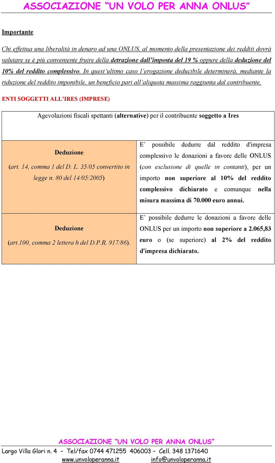 In quest ultimo caso l erogazione deducibile determinerà, mediante la riduzione del reddito imponibile, un beneficio pari all aliquota massima raggiunta dal contribuente.