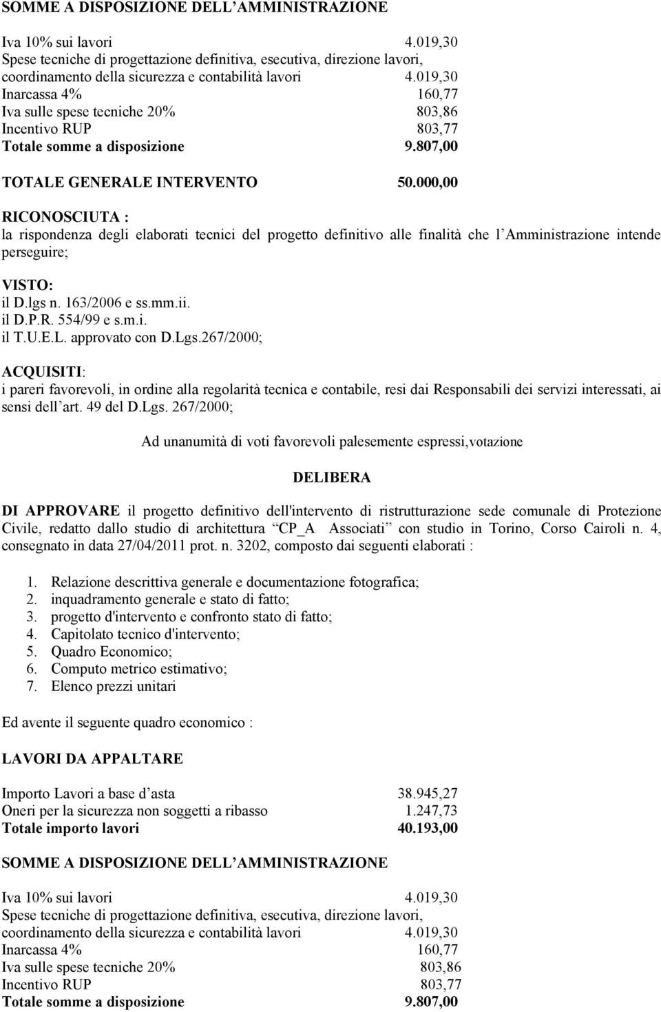 000,00 RICONOSCIUTA : la rispondenza degli elaborati tecnici del progetto definitivo alle finalità che l Amministrazione intende perseguire; VISTO: il D.lgs n. 163/2006 e ss.mm.ii. il D.P.R. 554/99 e s.