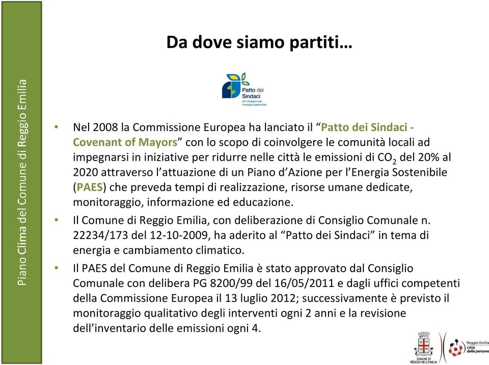 informazione ed educazione. Il Comune di Reggio Emilia, con deliberazione di Consiglio Comunale n. 22234/173 del 12-10-2009, ha aderito al Patto dei Sindaci in tema di energia e cambiamento climatico.