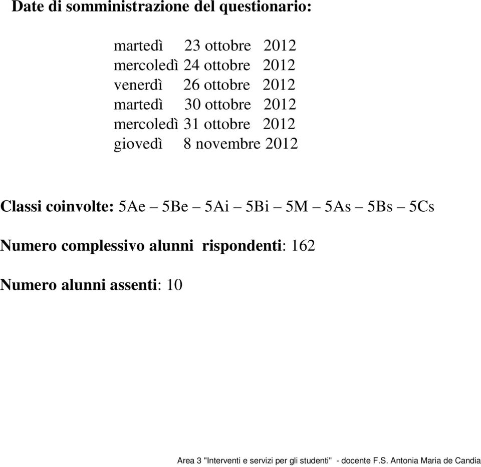 Classi coinvolte: 5Ae 5Be 5Ai 5Bi 5M 5As 5Bs 5Cs Numero complessivo alunni rispondenti: 162 Numero