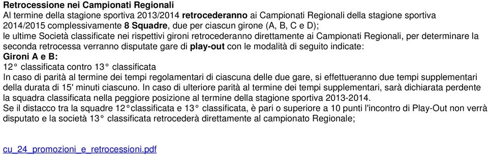 di play-out con le modalità di seguito indicate: Gironi A e B: 12 classificata contro 13 classificata In caso di parità al termine dei tempi regolamentari di ciascuna delle due gare, si effettueranno