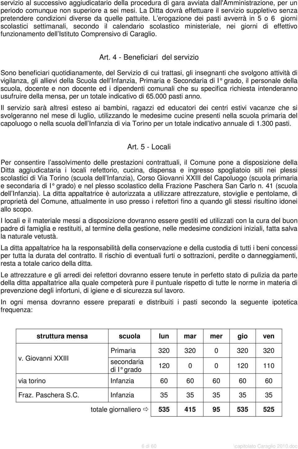 L erogazione dei pasti avverrà in 5 o 6 giorni scolastici settimanali, secondo il calendario scolastico ministeriale, nei giorni di effettivo funzionamento dell Istituto Comprensivo di Caraglio. Art.