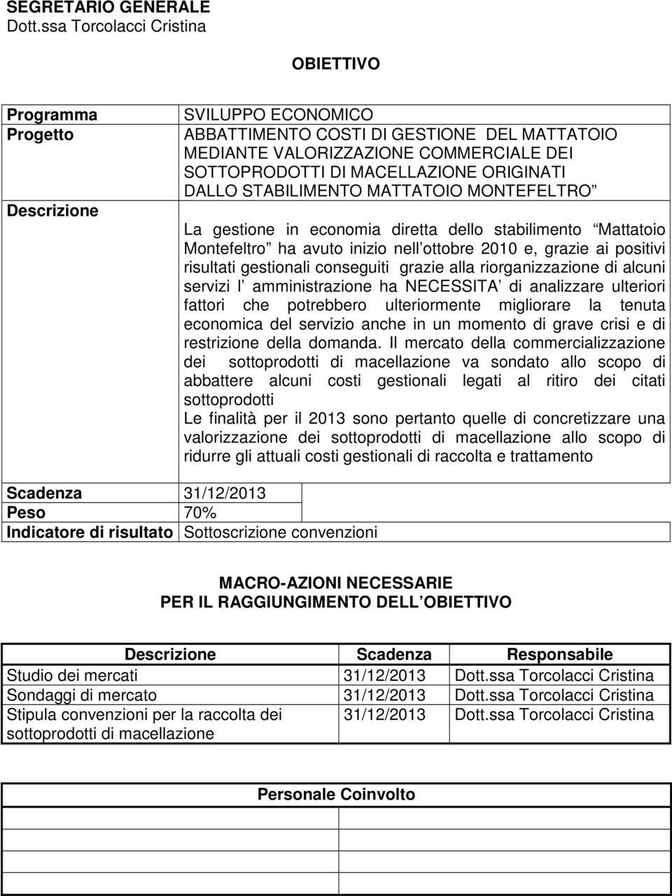 MONTEFELTRO La gestione in economia diretta dello stabilimento Mattatoio Montefeltro ha avuto inizio nell ottobre 2010 e, grazie ai positivi risultati gestionali conseguiti grazie alla