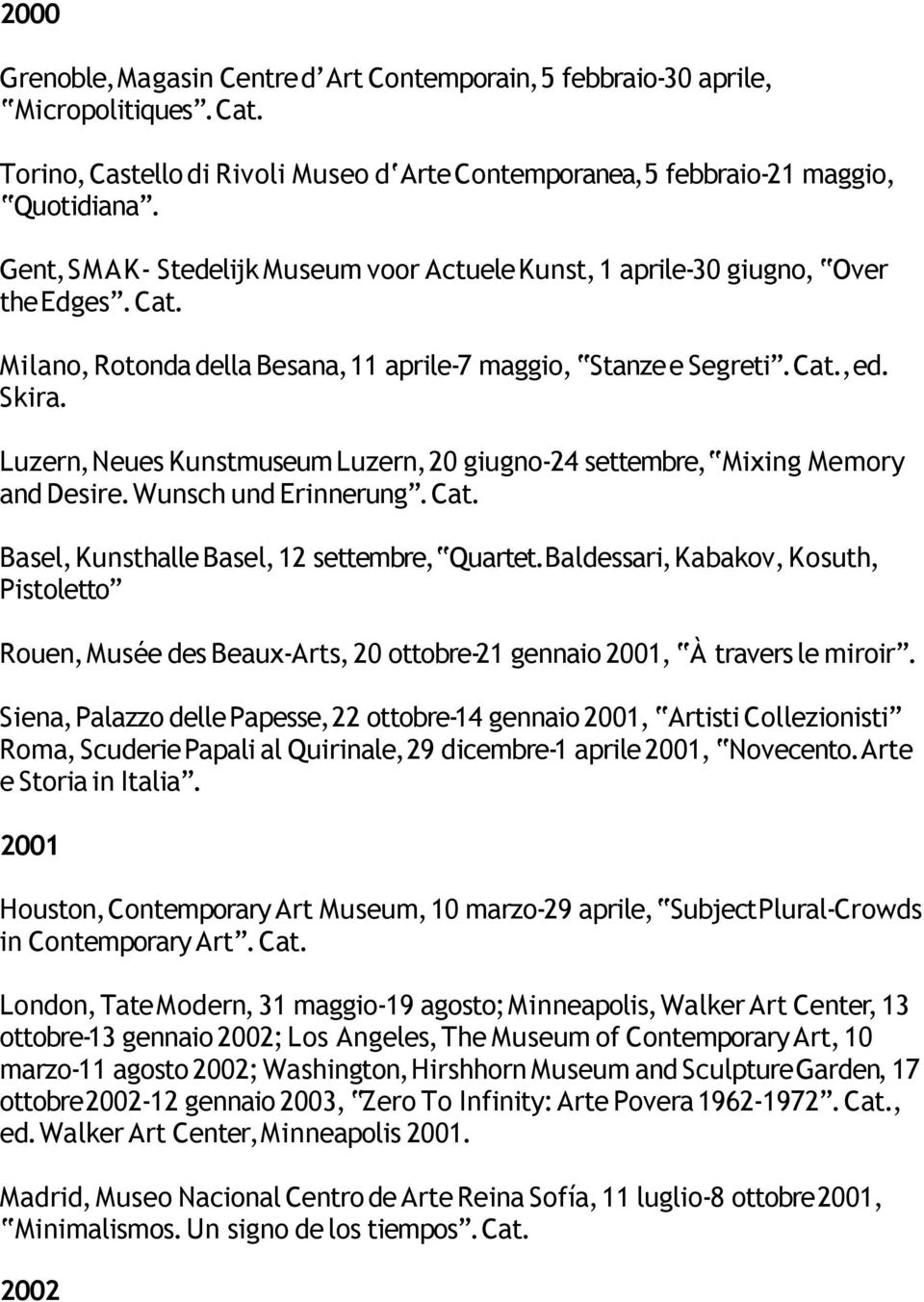 Luzern, Neues Kunstmuseum Luzern, 20 giugno-24 settembre, Mixing Memory and Desire. Wunsch und Erinnerung. Basel, Kunsthalle Basel, 12 settembre, Quartet.