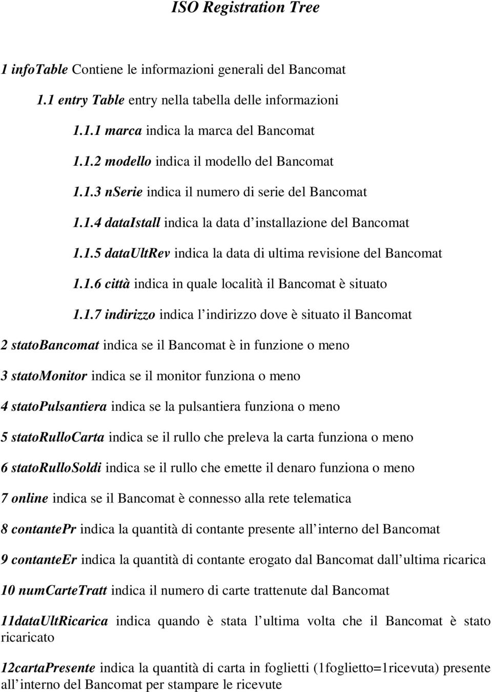 1.7 indirizzo indica l indirizzo dove è situato il Bancomat 2 statobancomat indica se il Bancomat è in funzione o meno 3 statomonitor indica se il monitor funziona o meno 4 statopulsantiera indica se