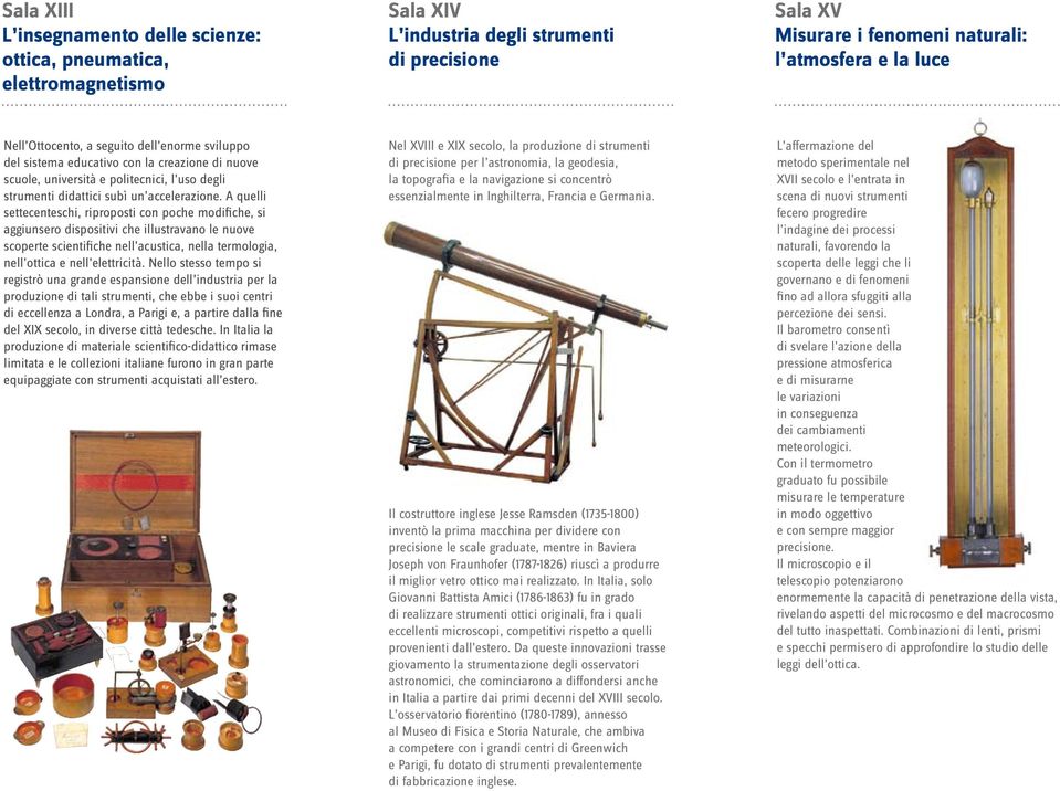 A quelli settecenteschi, riproposti con poche modifiche, si aggiunsero dispositivi che illustravano le nuove scoperte scientifiche nell acustica, nella termologia, nell ottica e nell elettricità.