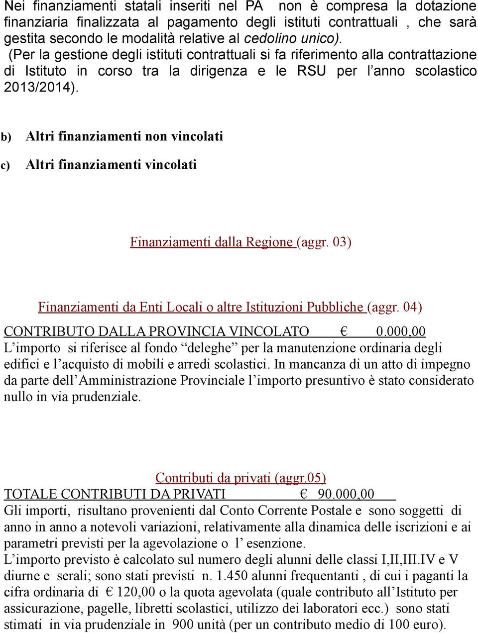 b) Altri finanziamenti non vincolati c) Altri finanziamenti vincolati Finanziamenti dalla Regione (aggr. 03) Finanziamenti da Enti Locali o altre Istituzioni Pubbliche (aggr.