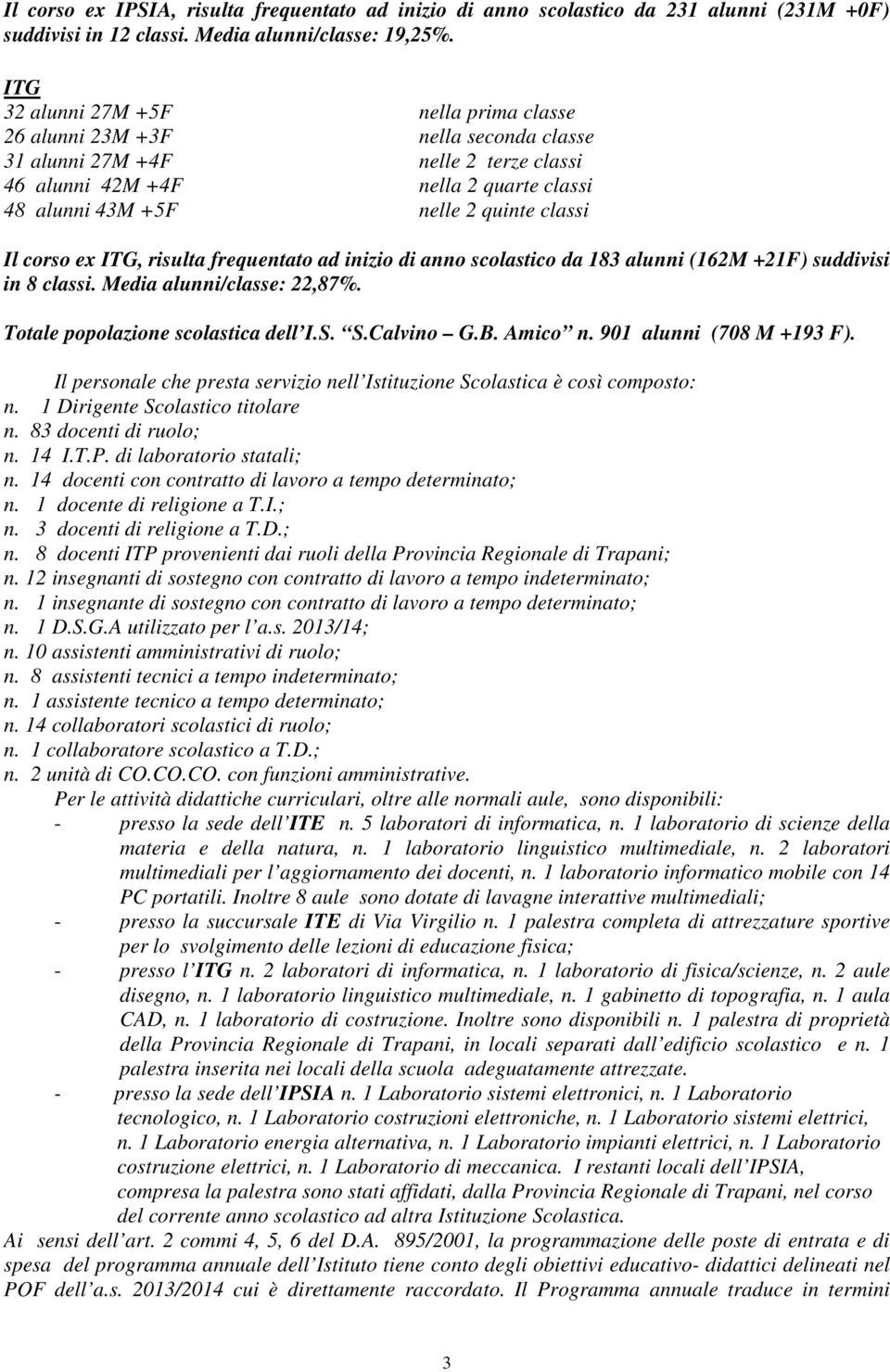 Il corso ex ITG, risulta frequentato ad inizio di anno scolastico da 183 alunni (162M +21F) suddivisi in 8 classi. Media alunni/classe: 22,87%. Totale popolazione scolastica dell I.S. S.Calvino G.B.