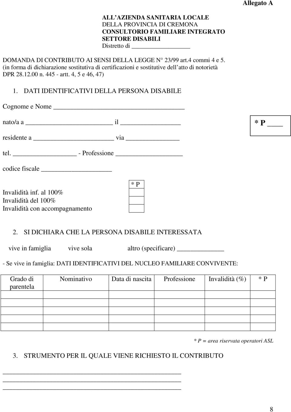 DATI IDENTIFICATIVI DELLA PERSONA DISABILE Cognome e Nome nato/a a il * P residente a via tel. - Professione codice fiscale Invalidità inf.