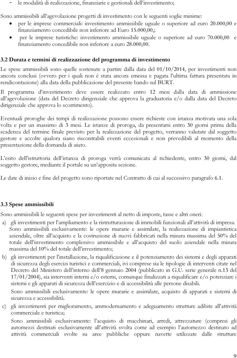 000,00,; per le imprese turistiche: investimento ammissibile uguale o superiore ad euro 70.000,00 e finanziamento concedibile non inferiore a euro 28.000,00. 3.