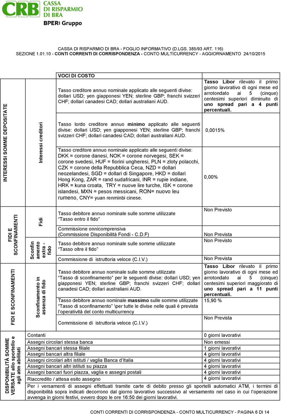 116) VOCI DI COSTO Tasso creditore annuo nominale applicato alle seguenti divise: dollari USD; yen giapponesi YEN; sterline GBP; franchi svizzeri CHF; dollari canadesi CAD; dollari australiani AUD.