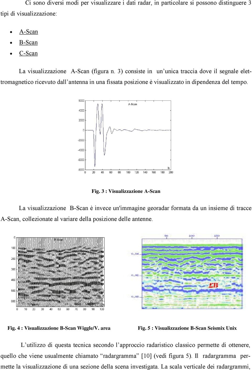 3 : Visualizzazione A-Scan La visualizzazione B-Scan è invece un'immagine georadar formata da un insieme di tracce A-Scan, collezionate al variare della posizione delle antenne. Fig.