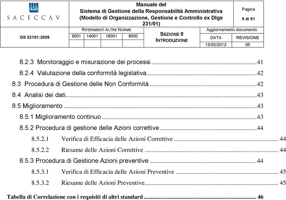 .. 44 8.5.2.2 Riesame delle Azioni Correttive... 44 8.5.3 Procedura di Gestione Azioni preventive... 44 8.5.3.1 Verifica di Efficacia delle Azioni Preventive.