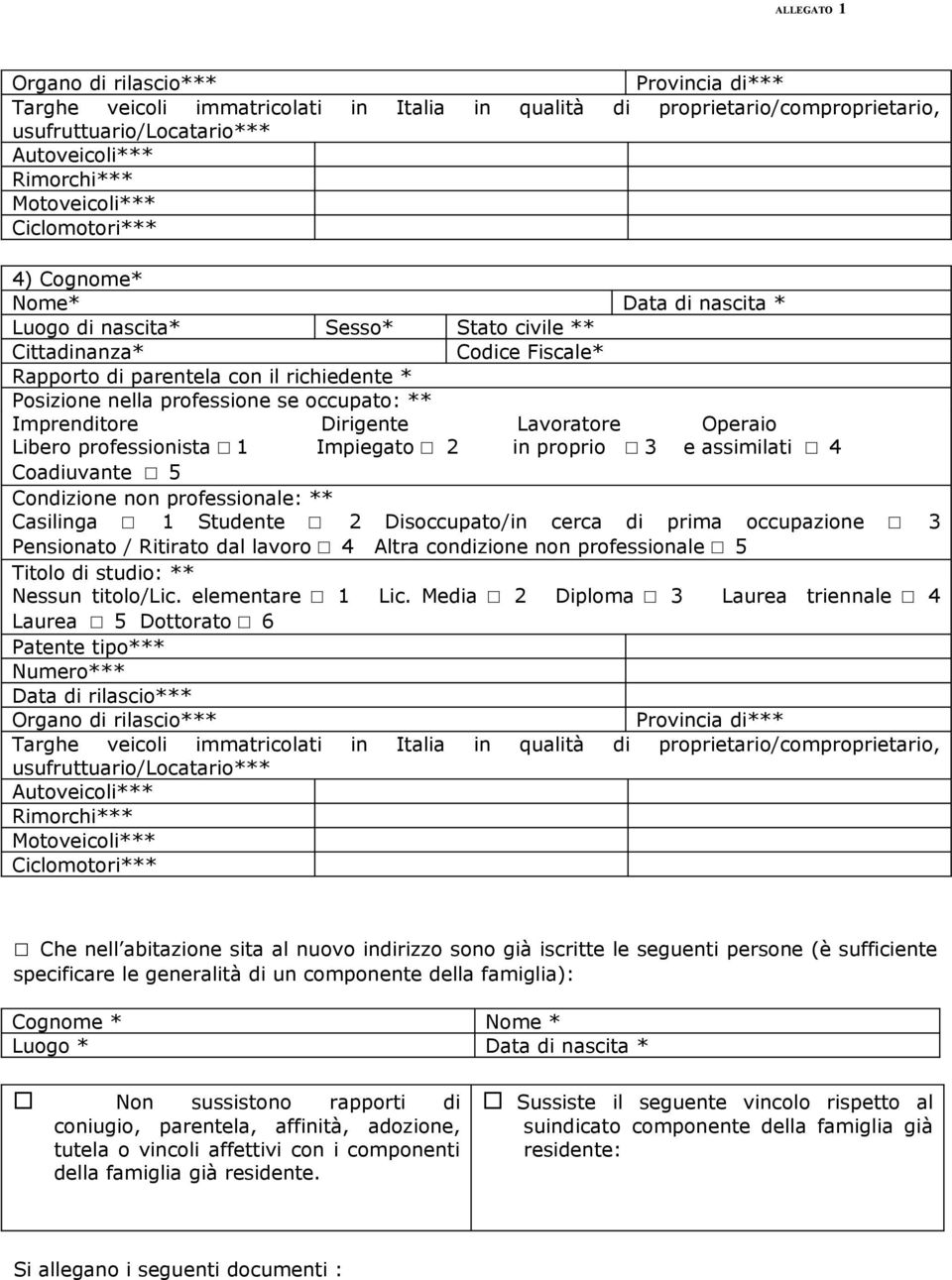 occupato: ** Imprenditore Dirigente Lavoratore Operaio Libero professionista 1 Impiegato 2 in proprio 3 e assimilati 4 Coadiuvante 5 Condizione non professionale: ** Casilinga 1 Studente 2