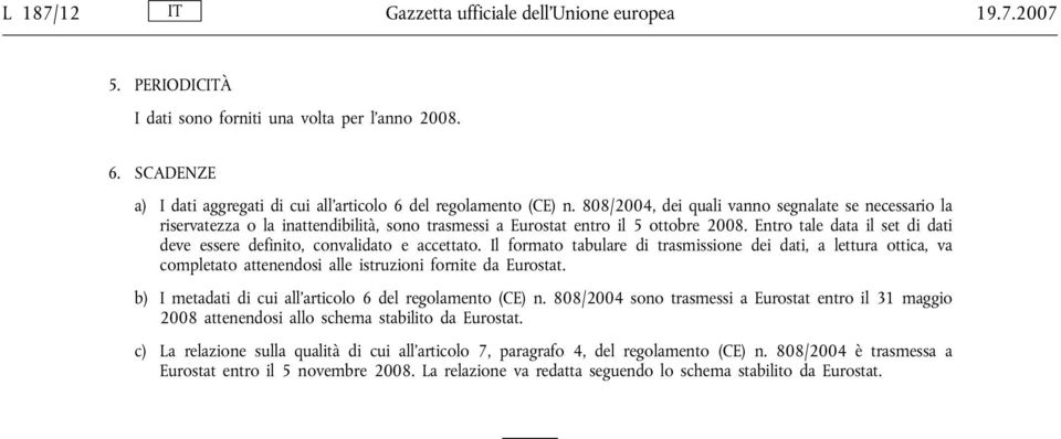 Entro tale data il set di dati deve essere definito, convalidato e accettato.