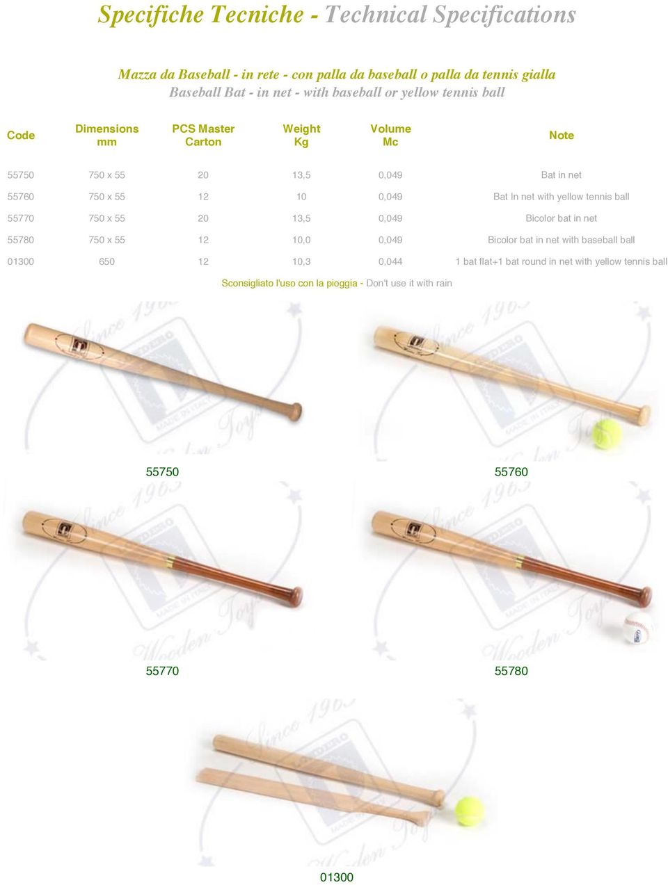 55760 750 x 55 12 10 0,049 Bat In net with yellow tennis ball 55770 750 x 55 20 13,5 0,049 Bicolor bat in net 55780 750 x 55 12 10,0 0,049 Bicolor bat in net with baseball ball 01300 650 12 10,3