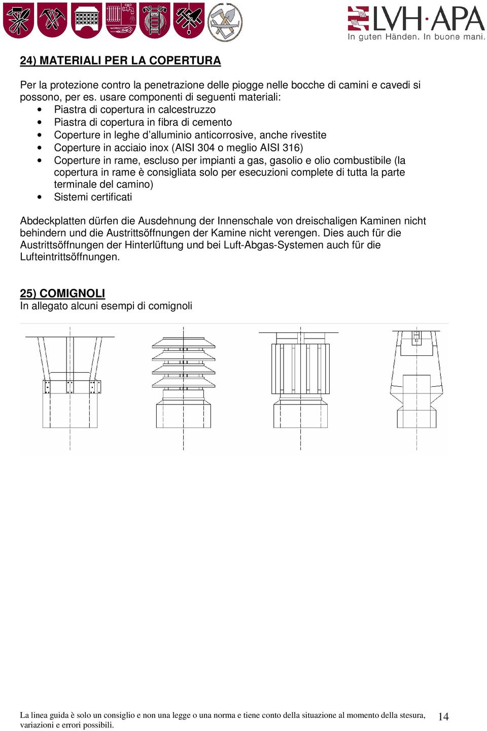 acciaio inox (AISI 304 o meglio AISI 316) Coperture in rame, escluso per impianti a gas, gasolio e olio combustibile (la copertura in rame è consigliata solo per esecuzioni complete di tutta la parte