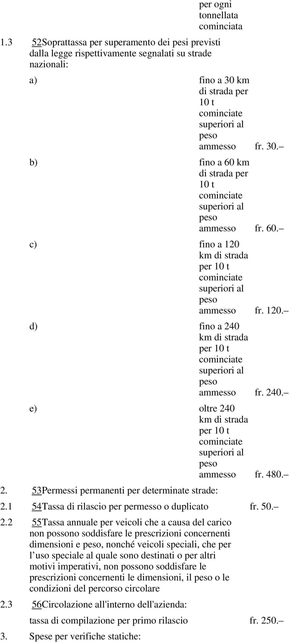 km di strada per 10 t cominciate ammesso fr. 240. e) oltre 240 km di strada per 10 t cominciate ammesso fr. 480. 2. 53Permessi permanenti per determinate strade: 2.