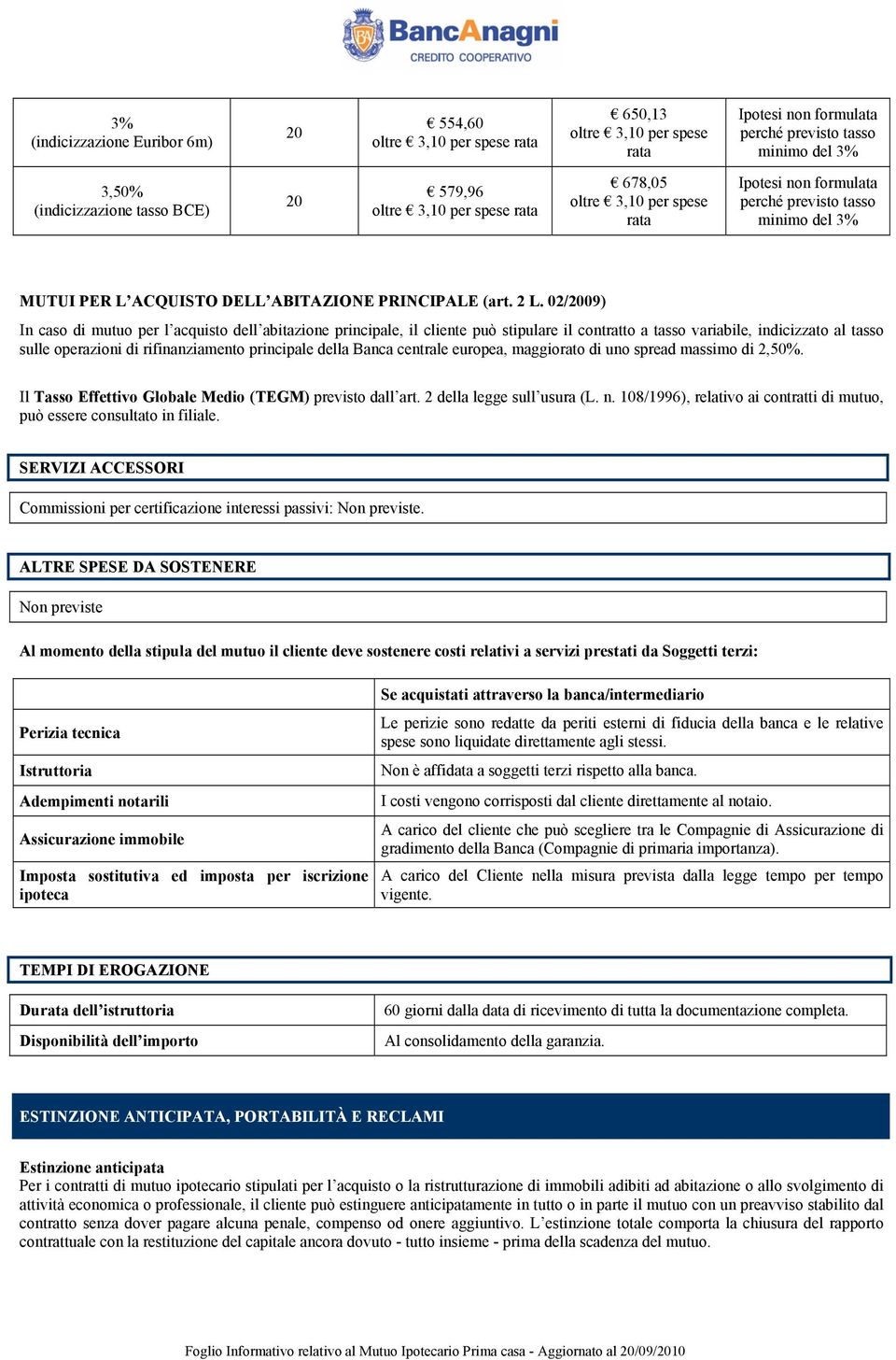 02/2009) In caso di mutuo per l acquisto dell abitazione principale, il cliente può stipulare il contratto a tasso variabile, indicizzato al tasso sulle operazioni di rifinanziamento principale della