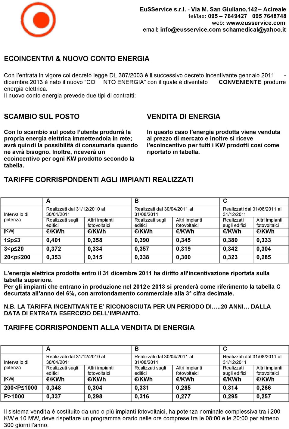 Il nuovo conto energia prevede due tipi di contratti: SCAMBIO SUL POSTO Con lo scambio sul posto l utente produrrà la propria energia elettrica immettendola in rete; avrà quin di la possibilità di