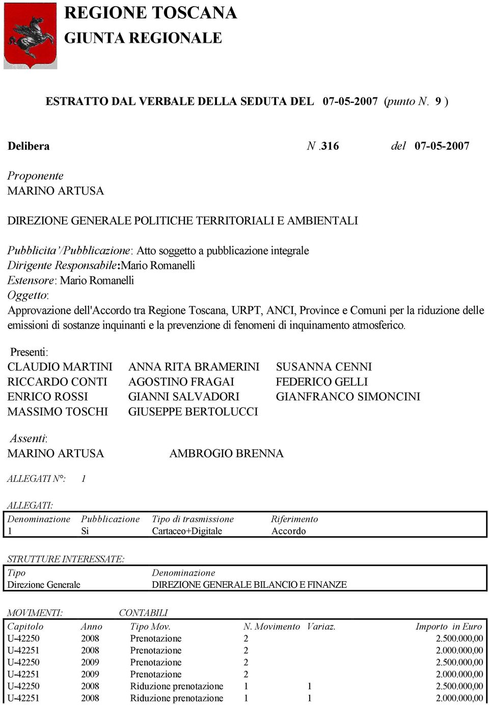 Romanelli Estensore: Mario Romanelli Oggetto: Approvazione dell'accordo tra Regione Toscana, URPT, ANCI, Province e Comuni per la riduzione delle emissioni di sostanze inquinanti e la prevenzione di