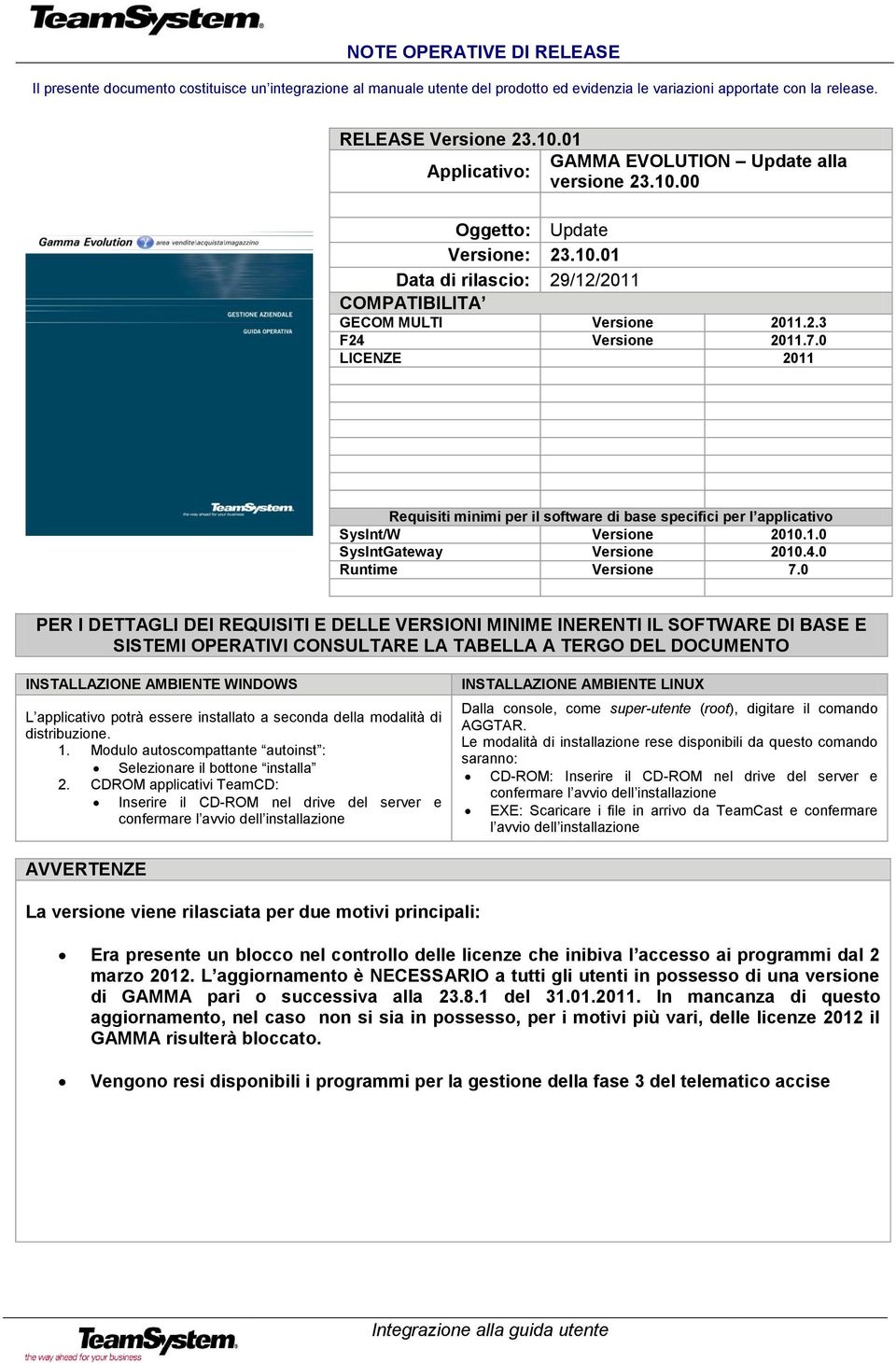 0 LICENZE 2011 Requisiti minimi per il software di base specifici per l applicativo SysInt/W Versione 2010.1.0 SysIntGateway Versione 2010.4.0 Runtime Versione 7.