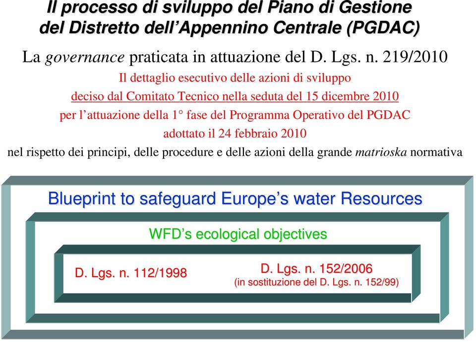 attuazione della 1 fase del Programma Operativo del PGDAC adottato il 24 febbraio 2010 nel rispetto dei principi, delle