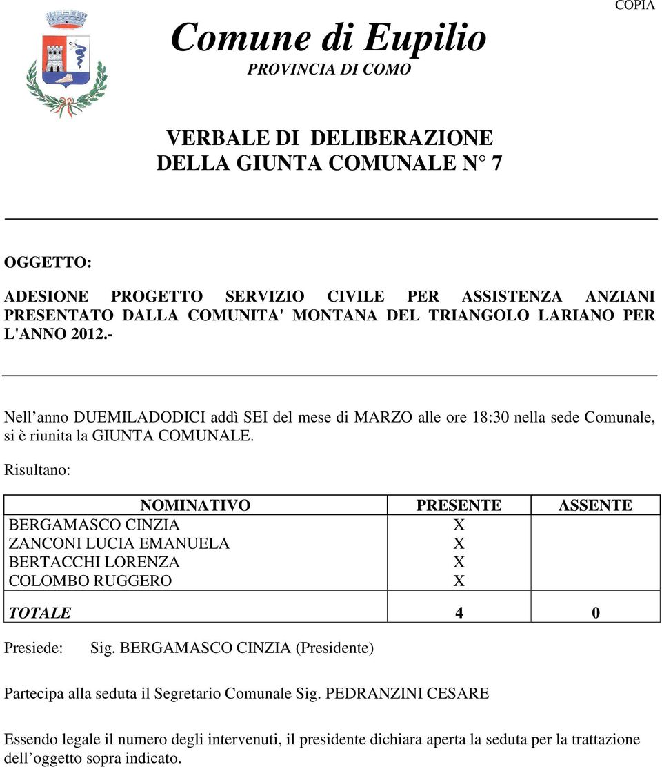 Risultano: NOMINATIVO PRESENTE ASSENTE BERGAMASCO CINZIA ZANCONI LUCIA EMANUELA BERTACCHI LORENZA COLOMBO RUGGERO TOTALE 4 0 Presiede: Sig.