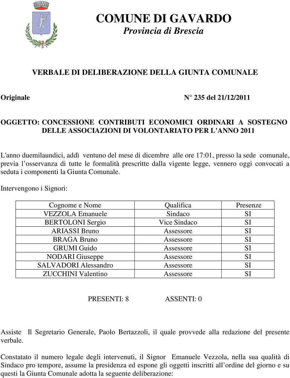 vennero oggi convocati a seduta i componenti la Giunta Comunale.