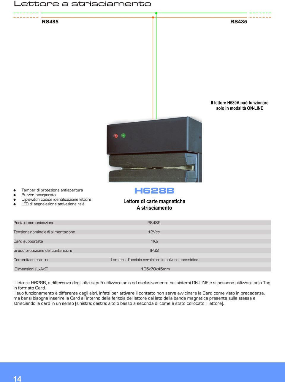 esterno Dimensioni (LxAxP) Lamiera d acciaio verniciato in polvere epossidica 105x70x45mm Il lettore H628B, a differenza degli altri si può utilizzare solo ed esclusivamente nei sistemi ON-LINE e si