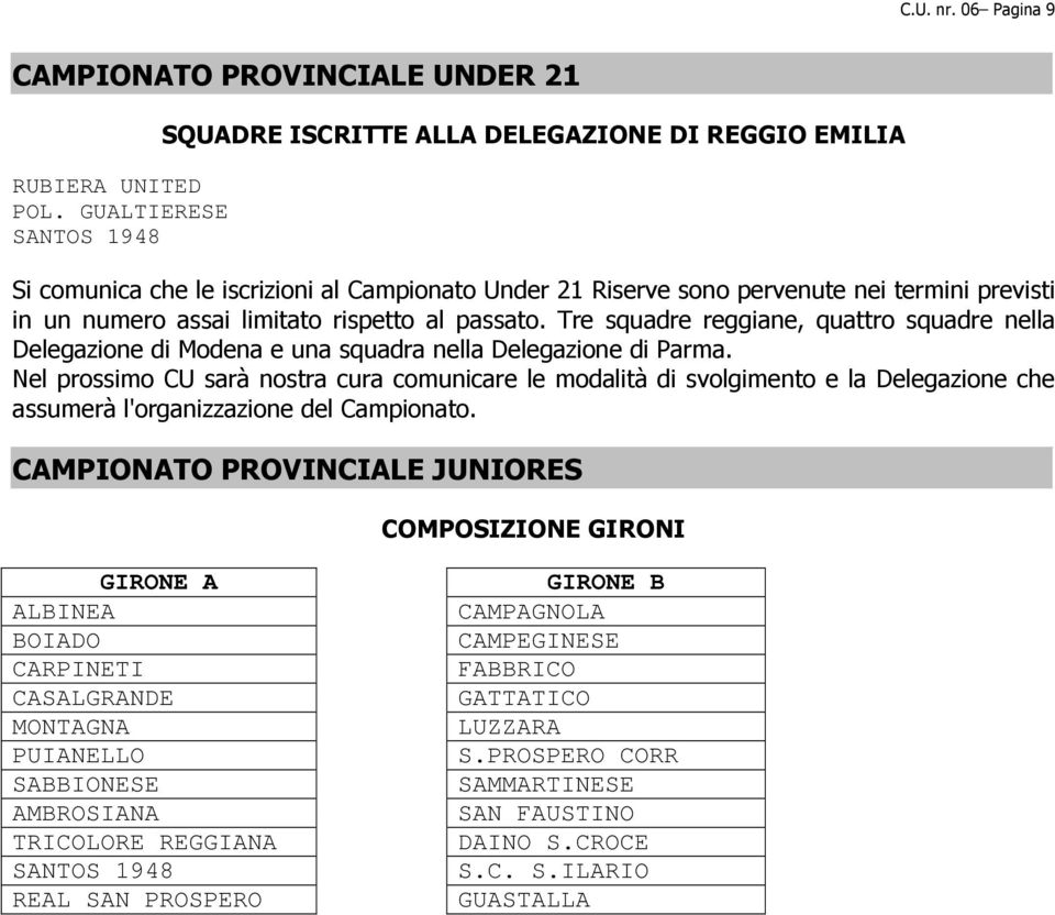 rispetto al passato. Tre squadre reggiane, quattro squadre nella Delegazione di Modena e una squadra nella Delegazione di Parma.