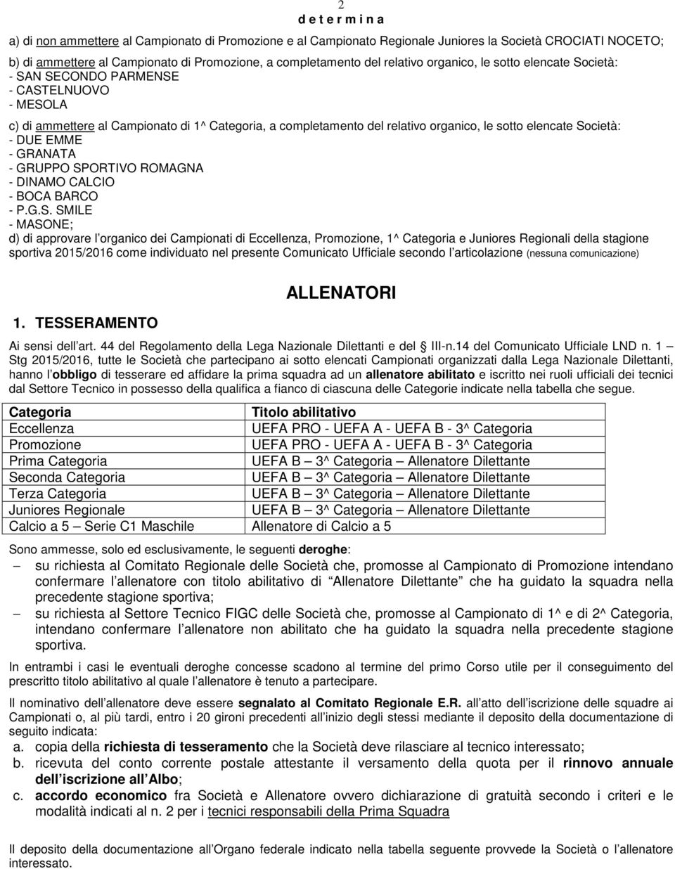 Società: - DUE EMME - GRANATA - GRUPPO SPORTIVO ROMAGNA - DINAMO CALCIO - BOCA BARCO - P.G.S. SMILE - MASONE; d) di approvare l organico dei Campionati di Eccellenza, Promozione, 1^ Categoria e