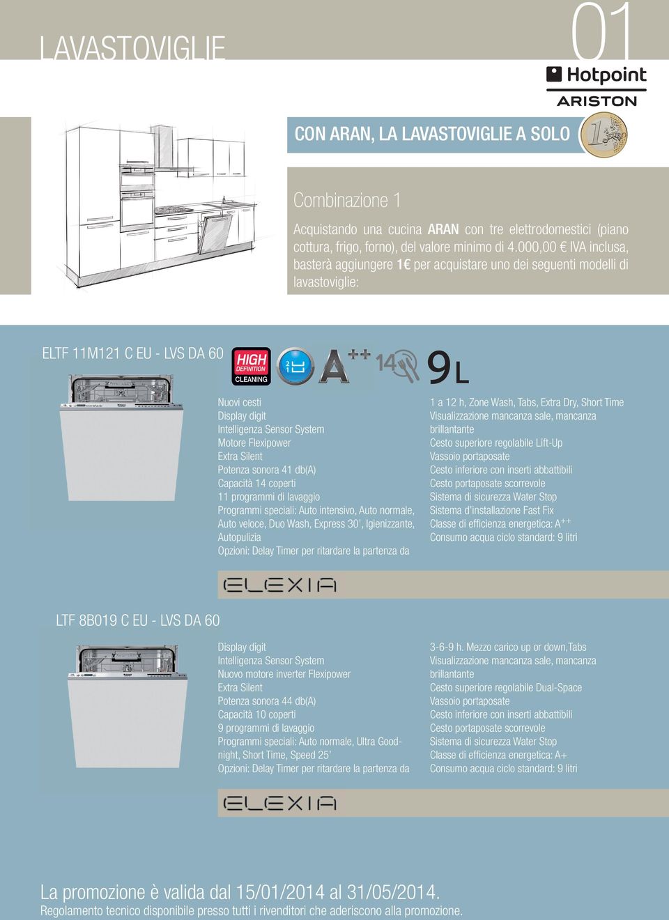 Extra Silent Potenza sonora 41 db(a) Capacità 14 coperti 11 programmi di lavaggio Programmi speciali: Auto intensivo, Auto normale, Auto veloce, Duo Wash, Express 30, Igienizzante, Autopulizia