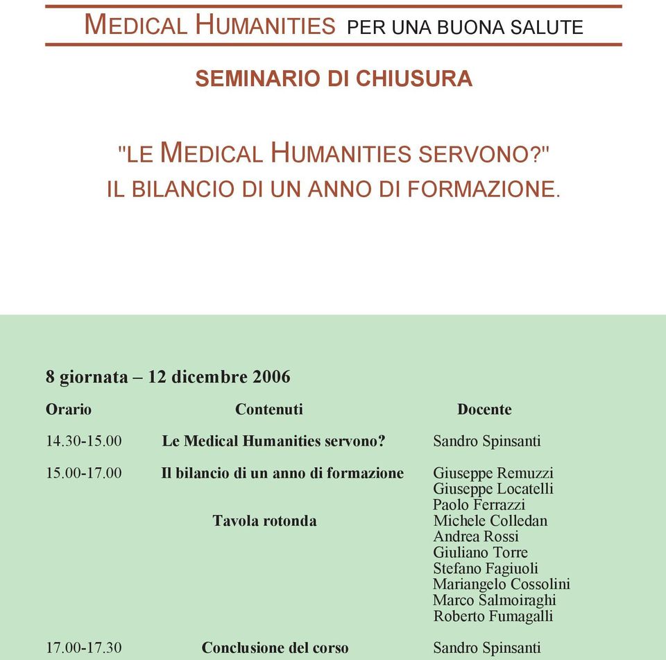 00 Il bilancio di un anno di formazione Giuseppe Remuzzi Giuseppe Locatelli Paolo Ferrazzi Tavola rotonda Michele