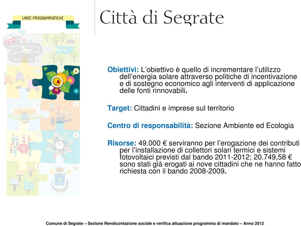 Target: Cittadini e imprese sul territorio Centro di responsabilità: Sezione Ambiente ed Ecologia Risorse: 49.