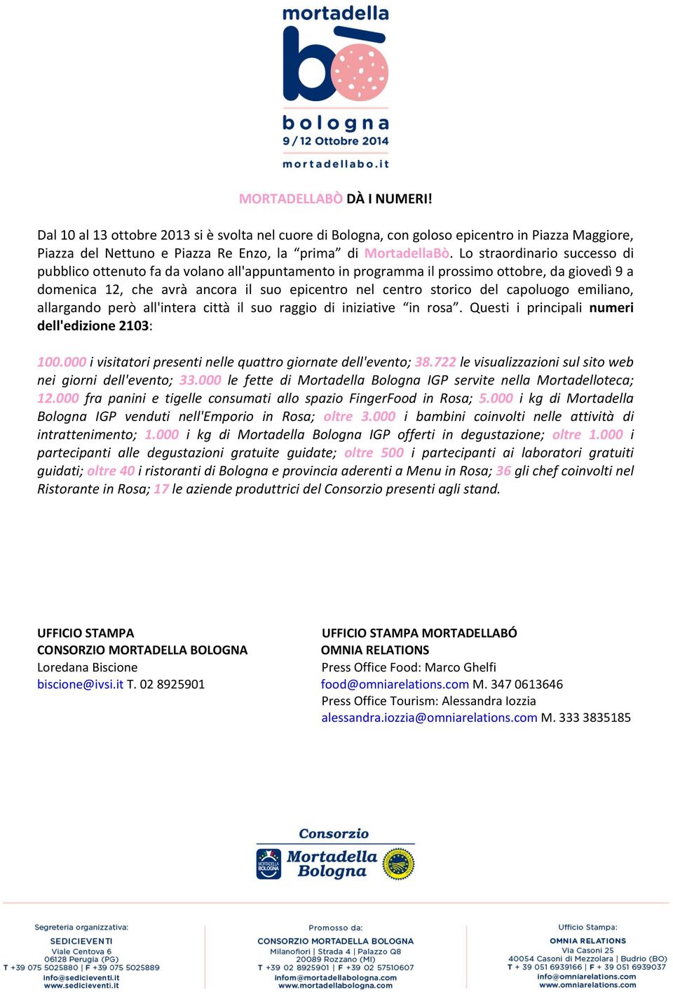 capoluogo emiliano, allargando però all'intera città il suo raggio di iniziative in rosa. Questi i principali numeri dell'edizione 2103: 100.