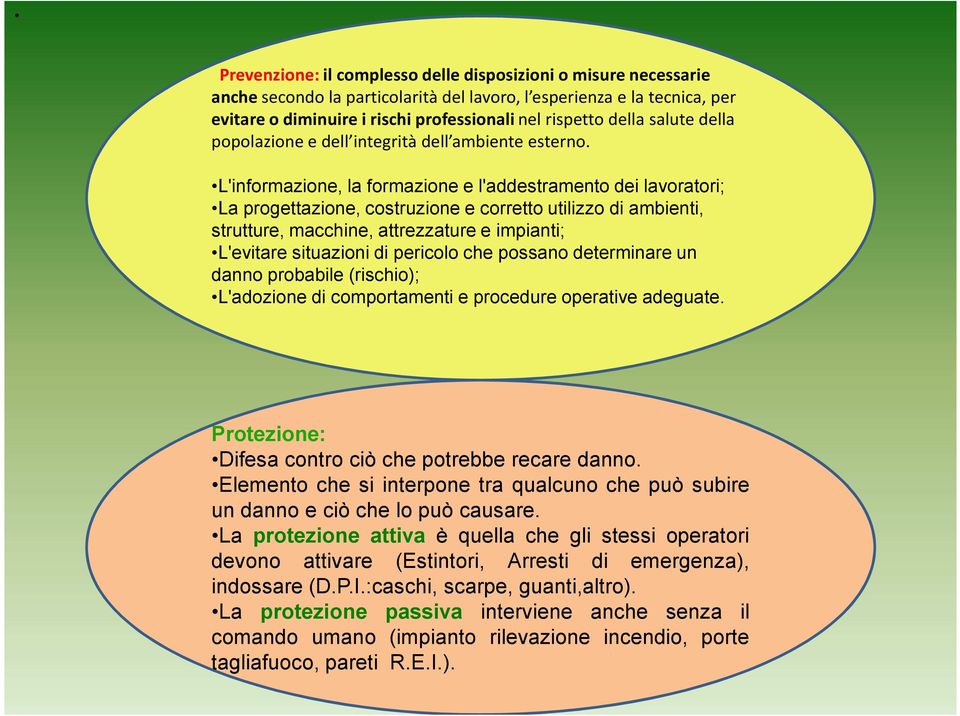 L'informazione, la formazione e l'addestramento dei lavoratori; La progettazione, costruzione e corretto utilizzo di ambienti, strutture, macchine, attrezzature e impianti; L'evitare situazioni di