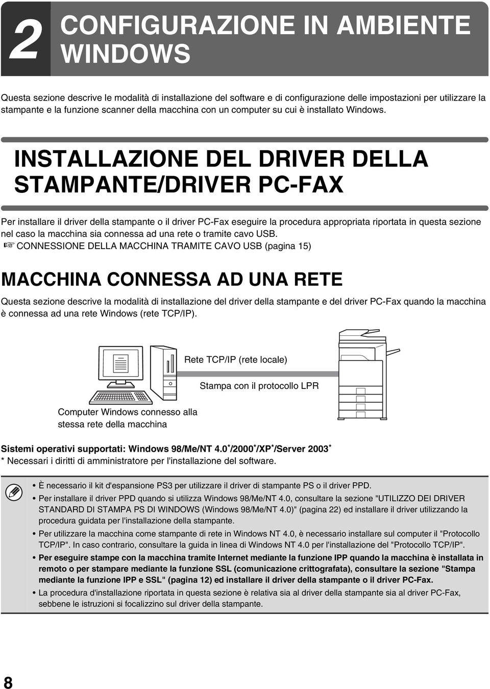 INSTALLAZIONE DEL DRIVER DELLA STAMPANTE/DRIVER PC-FAX Per installare il driver della stampante o il driver PC-Fax eseguire la procedura appropriata riportata in questa sezione nel caso la macchina