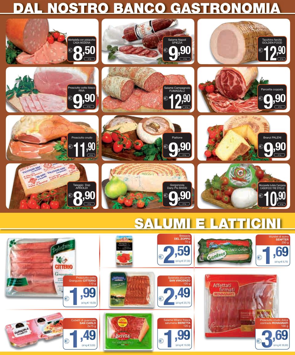 SALUMI E LATTICINI Bresaola DEL ZOPPO 70 g 2,59 ( 37,00) Wurstel di suino SENFTER 250 g 1,69 ( 6,76) Prosciutto cotto Grangusto CITTERIO 110 g ( 18,09) Cubetti di guanciale SAN