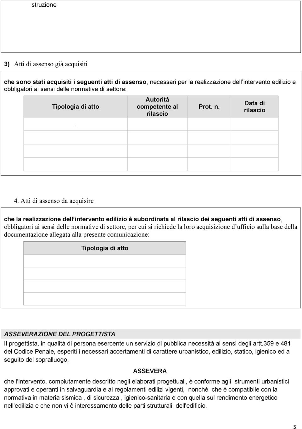 Atti di assenso da acquisire che la realizzazione dell intervento edilizio è subordinata al rilascio dei seguenti atti di assenso, obbligatori ai sensi delle normative di settore, per cui si richiede