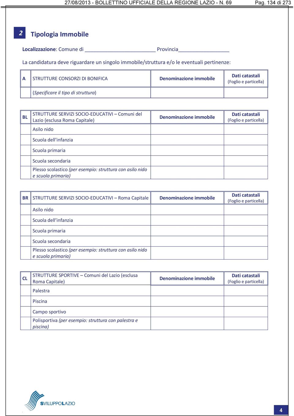 Denominazione immobile (Specificare il tipo di struttura) BL STRUTTURE SERVIZI SOCIO-EDUCATIVI Comuni del Lazio (esclusa Roma Capitale) Denominazione immobile Asilo nido Scuola dell infanzia Scuola