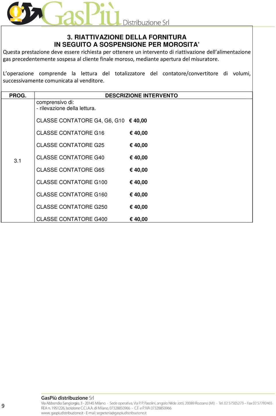 L operazione comprende la lettura del totalizzatore del contatore/convertitore di volumi, successivamente comunicata al venditore. comprensivo di: - rilevazione della lettura.