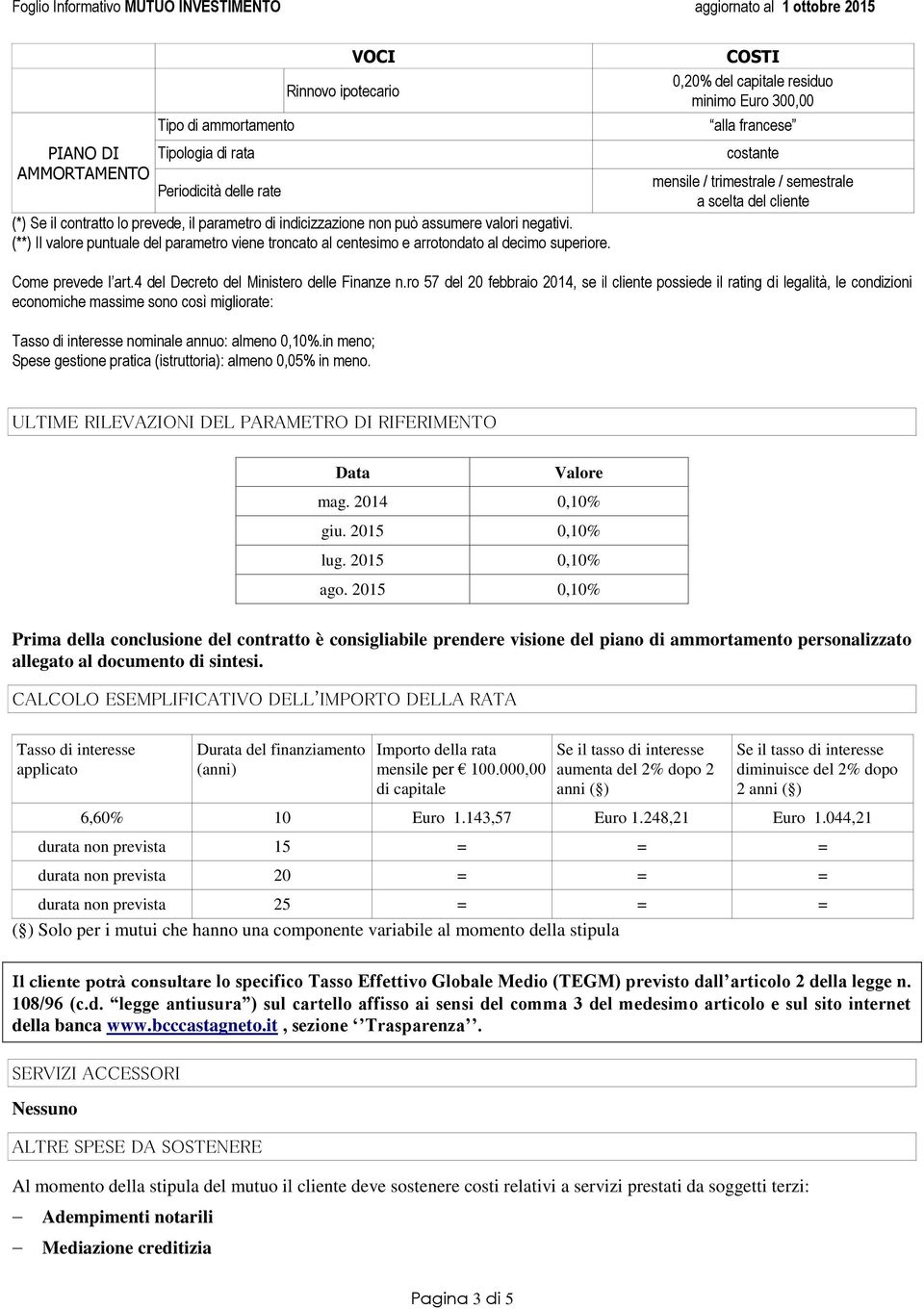 COSTI 0,20% del capitale residuo minimo Euro 300,00 alla francese costante mensile / trimestrale / semestrale a scelta del cliente Come prevede l art.4 del Decreto del Ministero delle Finanze n.