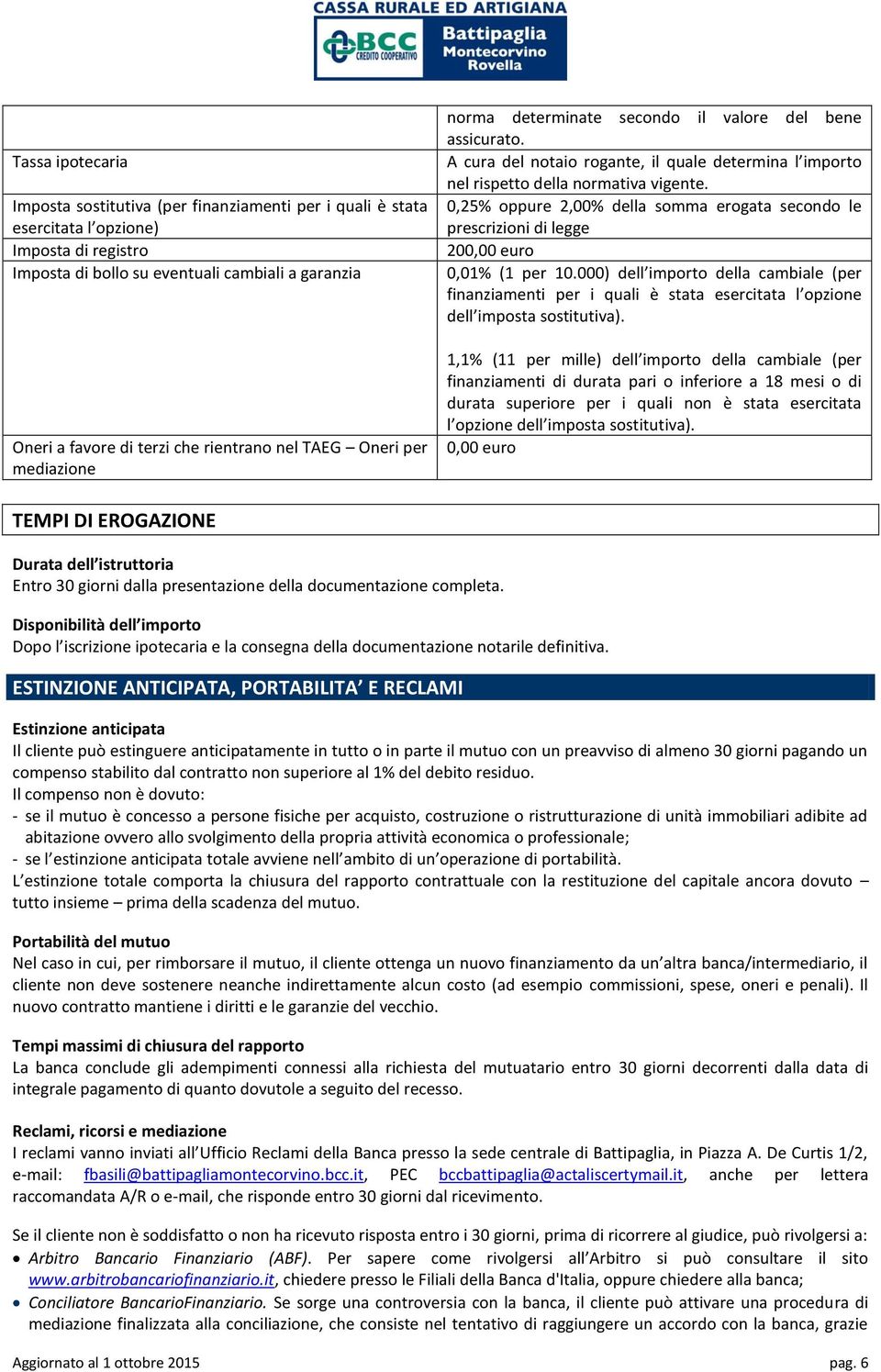 0,25% oppure 2,00% della somma erogata secondo le prescrizioni di legge 20 0,01% (1 per 10.