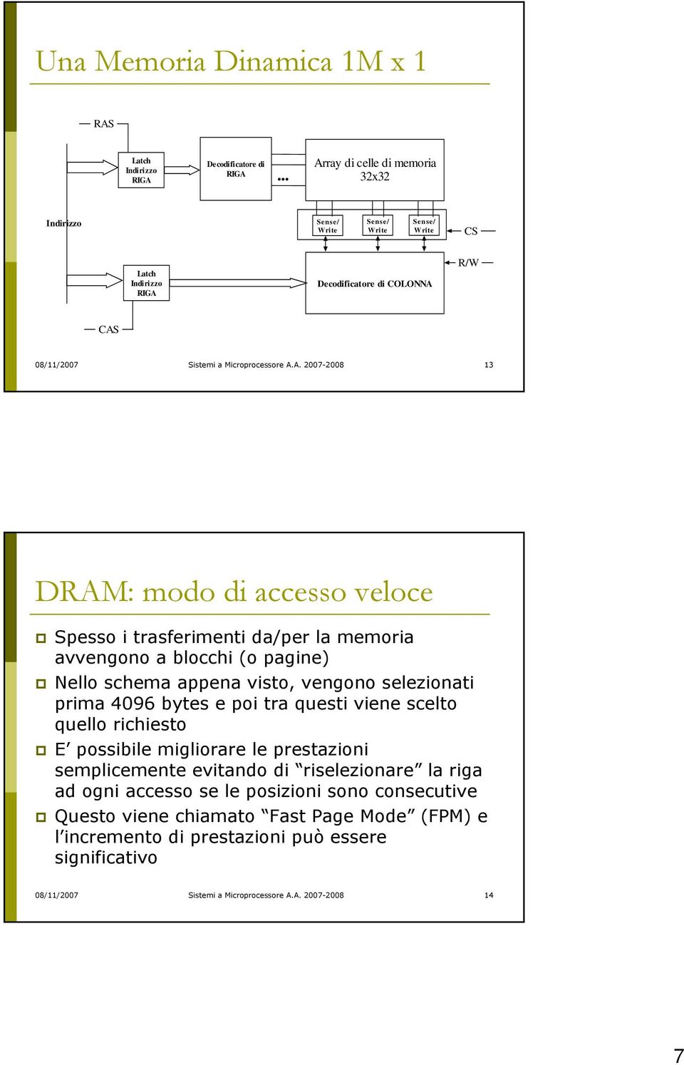 13 DRAM: modo di accesso veloce Spesso i trasferimenti da/per la memoria avvengono a blocchi (o pagine) Nello schema appena visto, vengono selezionati prima 4096 bytes e poi tra questi viene